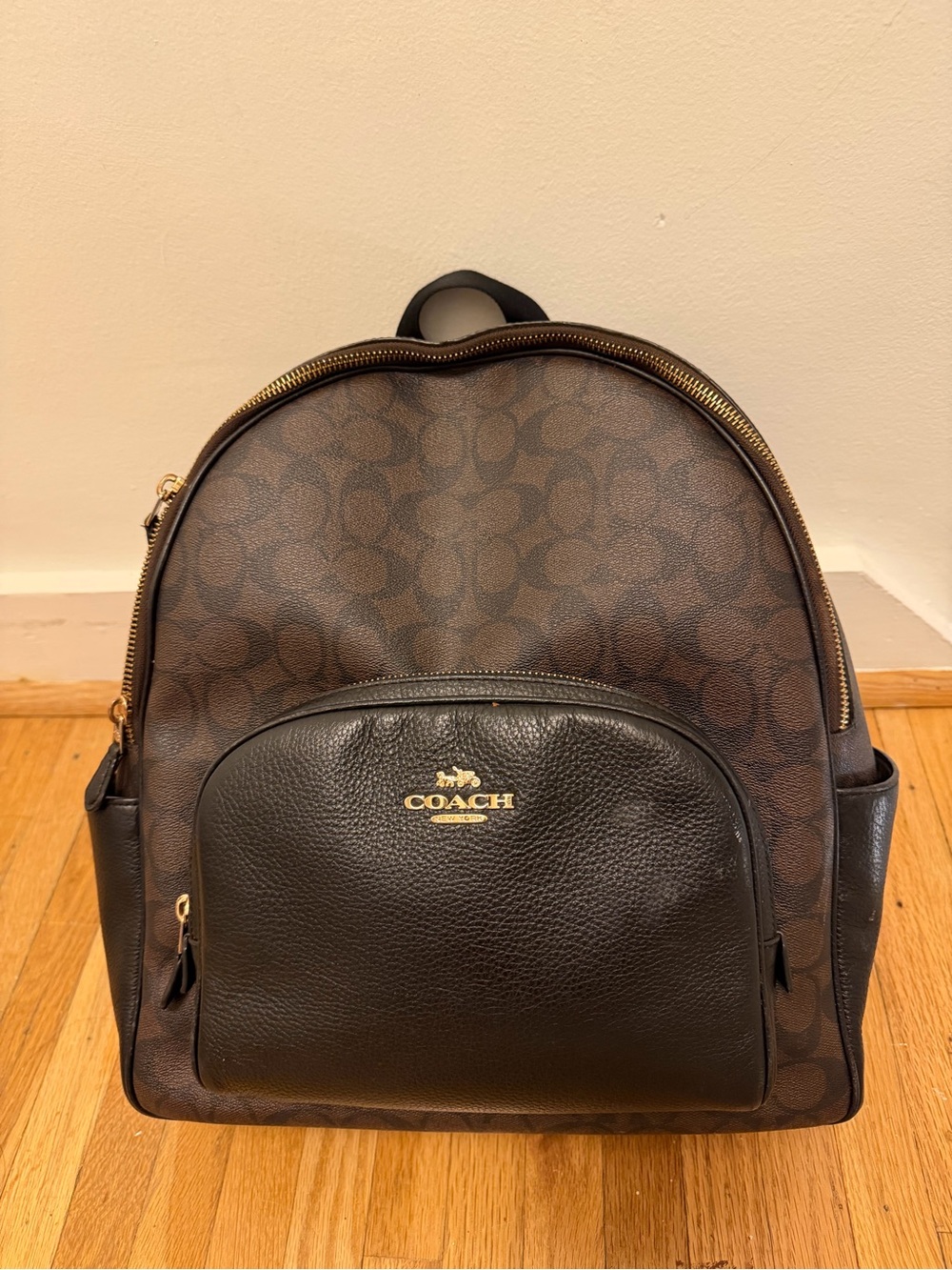 Coach Brown Signature Canvas Backpack with Black Leather Pocket